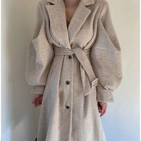 Coat long plaid vintage lantern puff sleeve runway womens soft khaki bel… - Picture 3 of 10